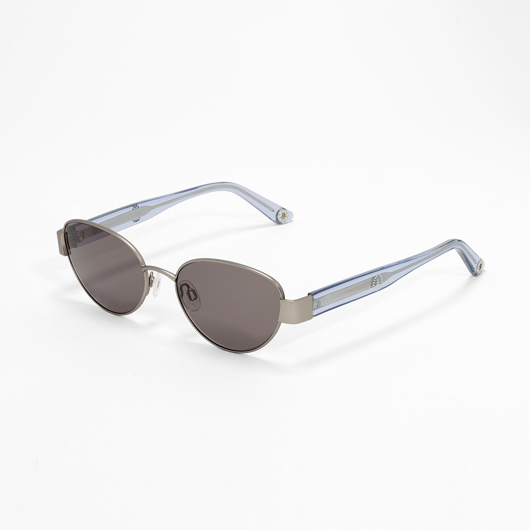 Sunglasses with a blue frame and dark lenses