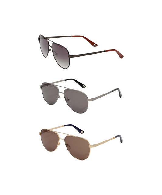 Three pairs of sunglasses with different frame colors