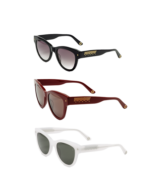 Three pairs of sunglasses in black, red, and white