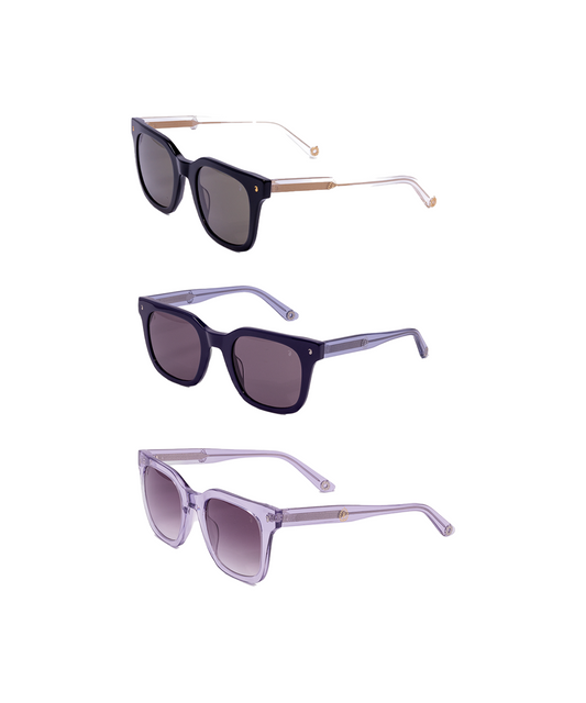 Three pairs of sunglasses with different frame colors