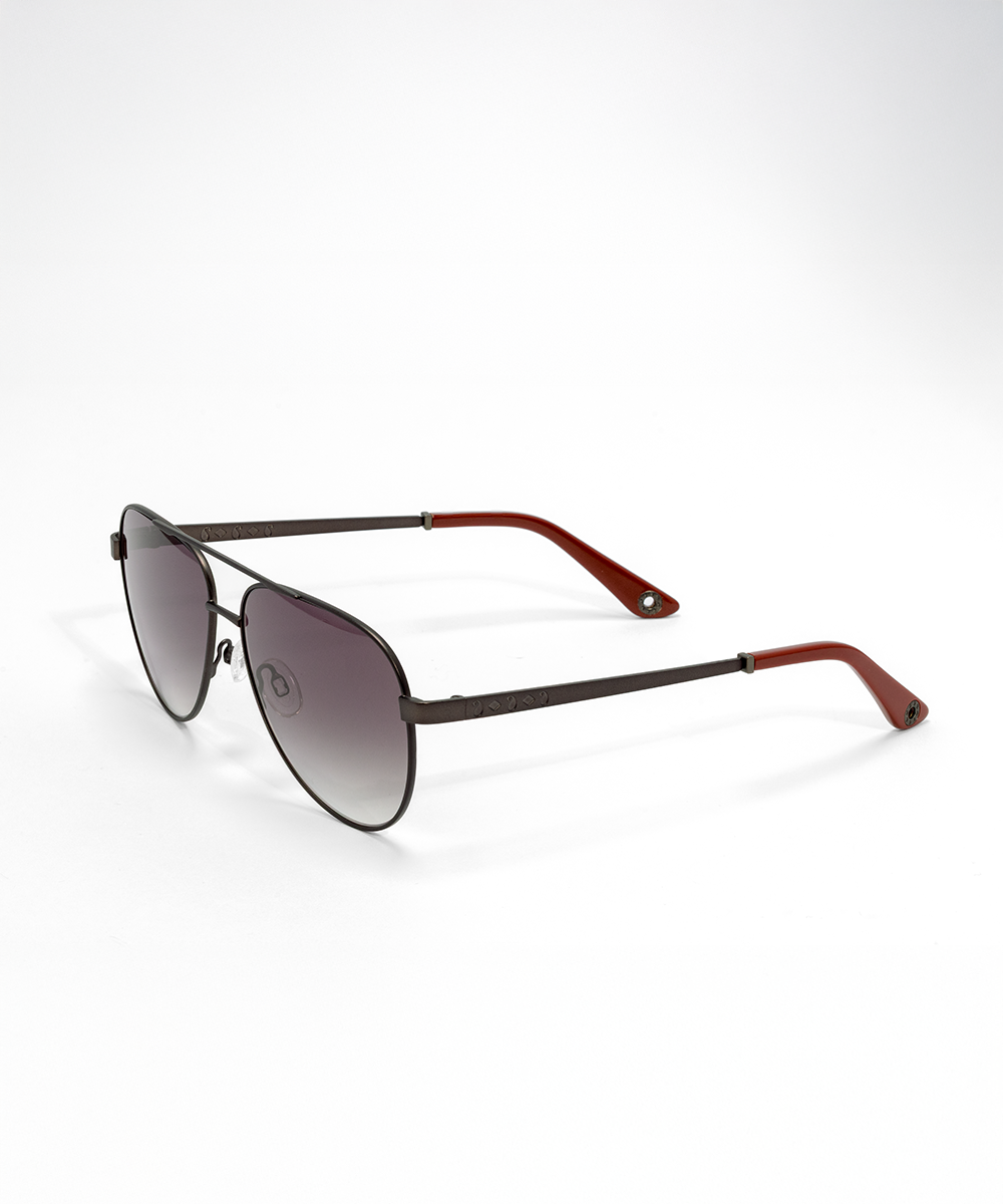 A pair of sunglasses with a double bridge design, featuring a combination of dark lenses and a brown frame with red accents on the temples.