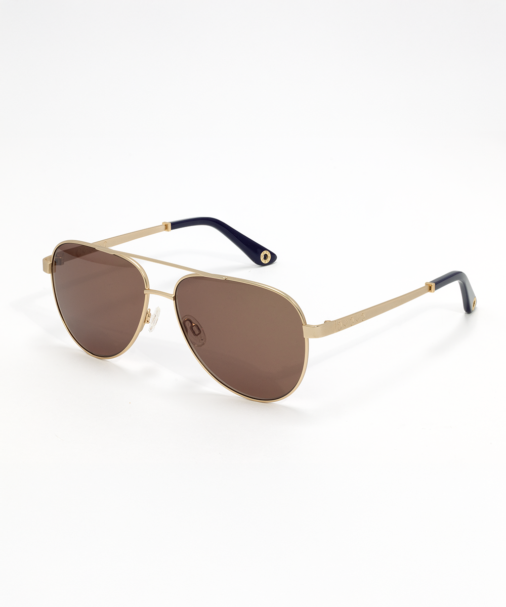 A pair of sunglasses with a double bridge design, featuring a combination of dark lenses and a brown frame with red accents