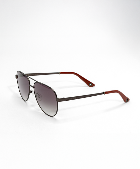 A pair of sunglasses with a double bridge design, featuring a combination of dark lenses and a brown frame with red accents on the temples.
