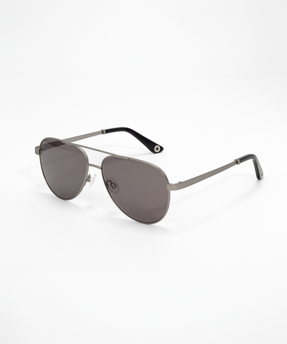 A pair of sunglasses with a double bridge design, featuring a combination of dark lenses and a brown frame with red accents
