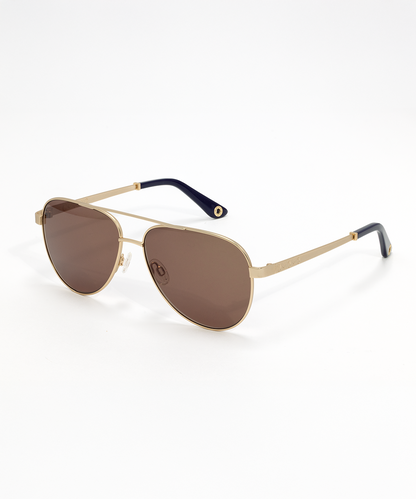 A pair of sunglasses with a double bridge design, featuring a combination of dark lenses and a brown frame with red accents 